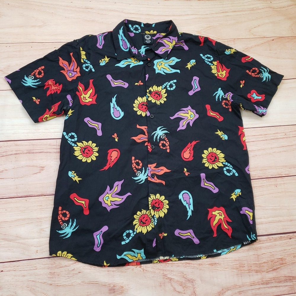 Neff Shirt Mens Medium Black Short Sleeve Button Up All Over Graphic Cotton